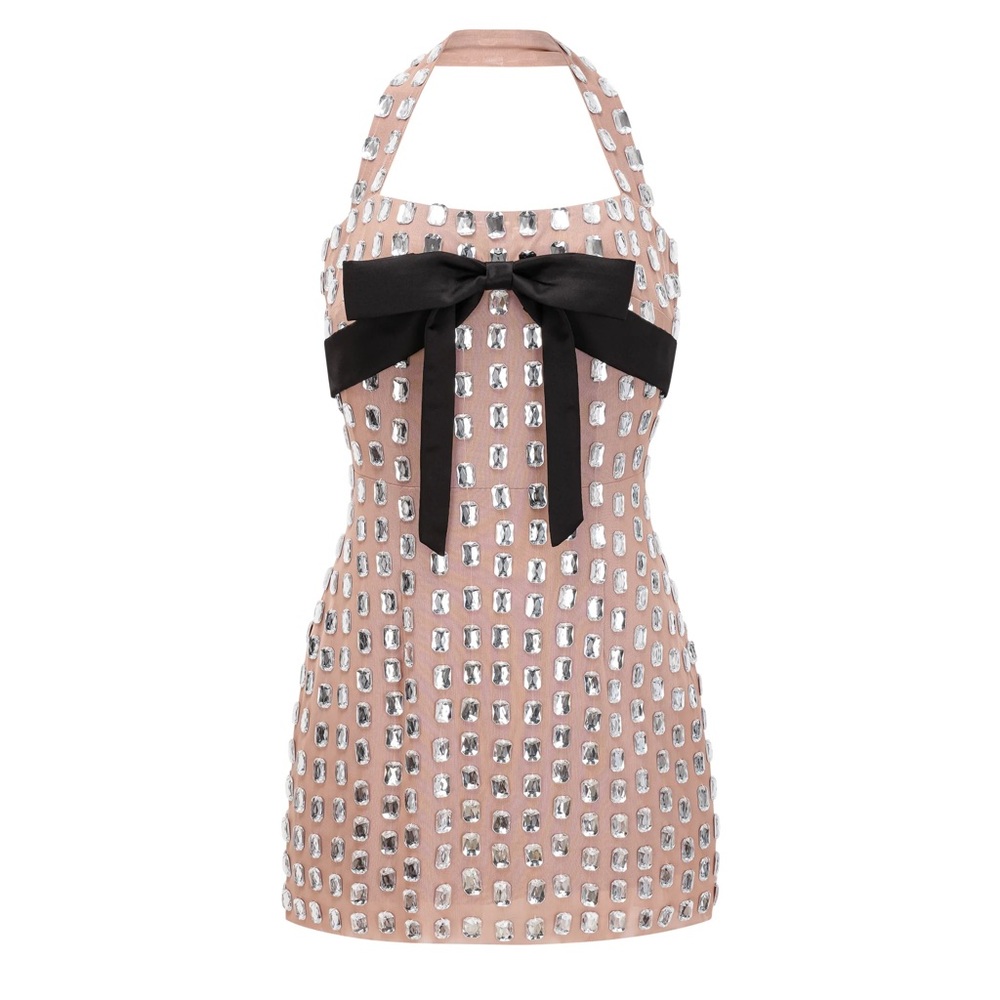 Embellished Pink Mini Dress with Black Bow